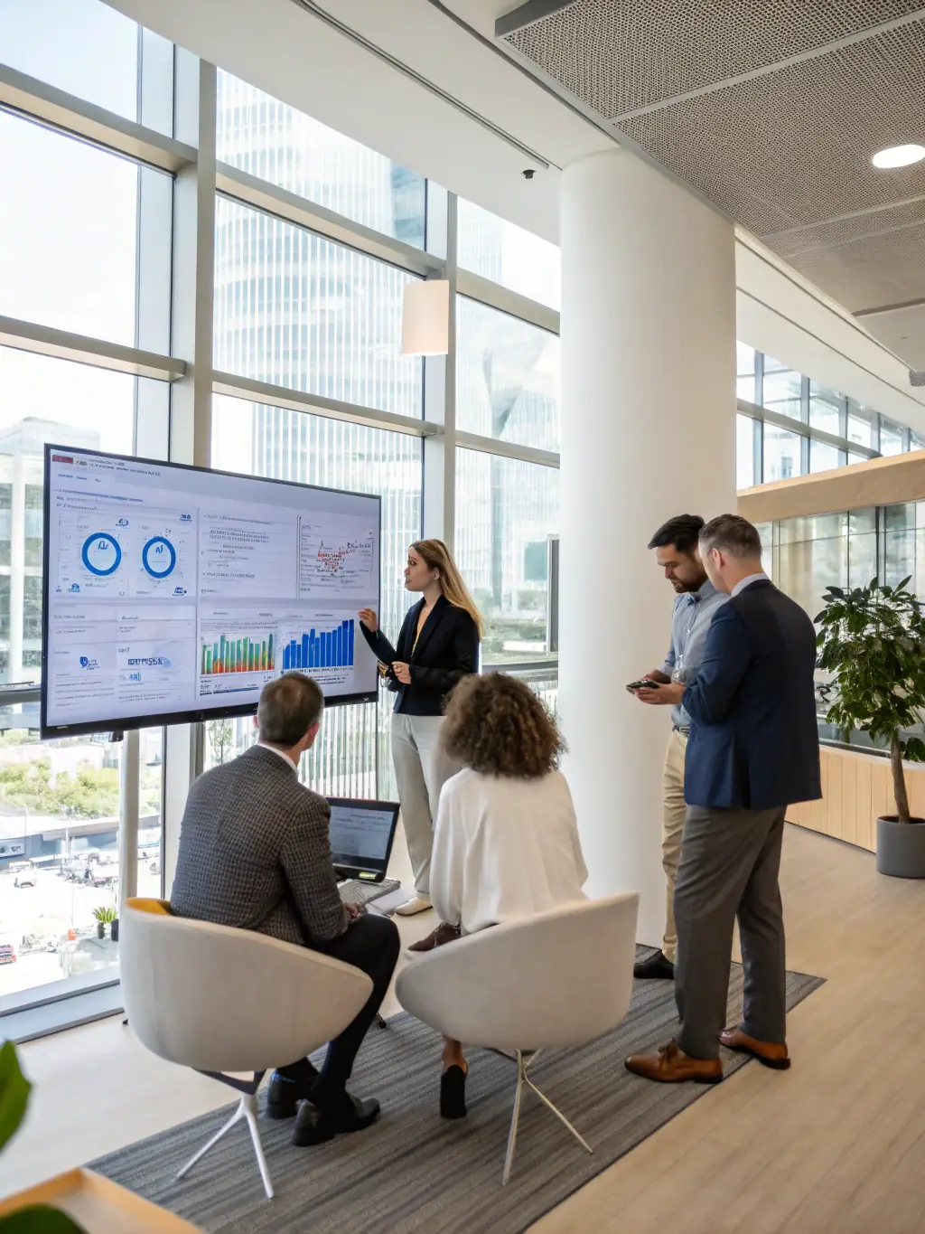 A team of consultants in a modern office, brainstorming and analyzing data on a large screen, representing Business Strategy Consulting.