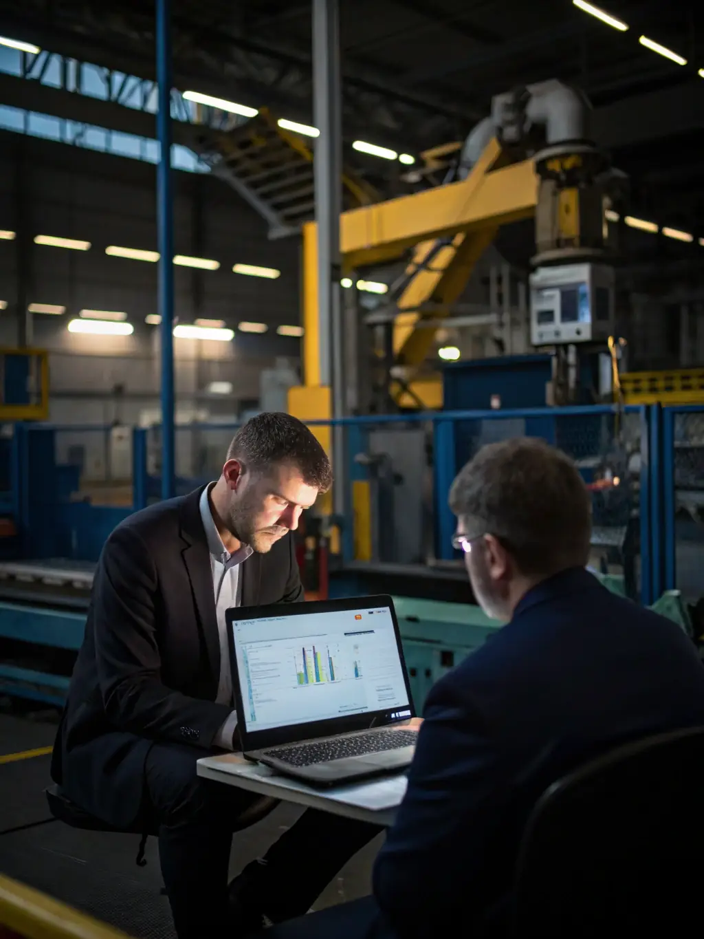 A consultant reviewing operational data with a client in a manufacturing plant, showcasing Operational Improvement.
